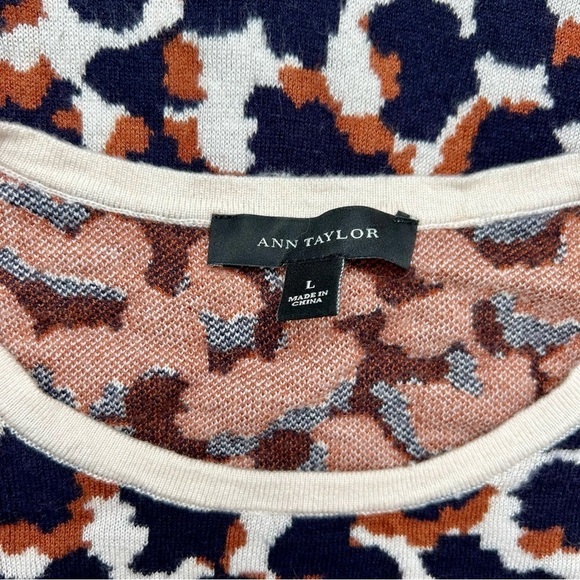 Ann Taylor Leopard Wool Blend Sweater Crew Neck 3/4 Sleeve Navy Brown Cream L - Picture 8 of 10